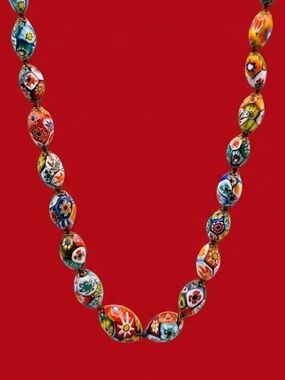 Vintage Italian Millefiori Blown Glass Bead Necklace Millefiori Thousand Flowers